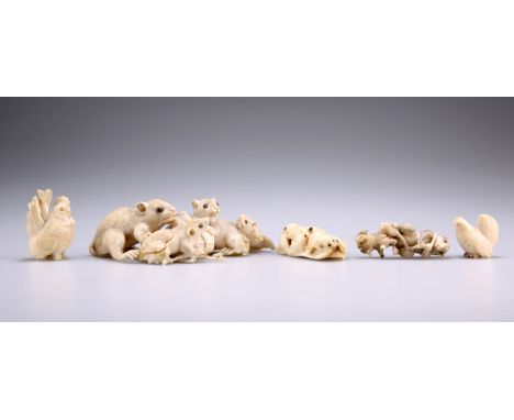 A GROUP OF FOUR JAPANESE IVORY CARVINGS, MEIJI PERIOD,&nbsp;comprising a rat group, unsigned, (a/f); a netsuke carved with ra