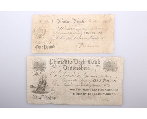 TWO 19TH CENTURY BANK NOTES, the first Plymouth Dock Bank, Devonshire, One Pound, 1st September 1823, no. 743 for Thomas Clin