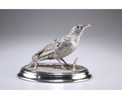 AN EDWARDIAN SILVER-PLATED NOVELTY INKWELL, in the form of a snipe, realistically cast standing on a naturalistic ground with