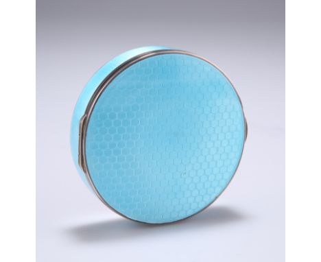 AN ART DECO AUSTRIAN SILVERED METAL AND GUILLOCHE ENAMEL LIDDED BOX, makers mark indistinct, circular form with hinged lid, d