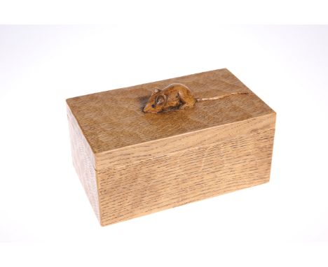 ROBERT THOMPSON OF KILBURNA MOUSEMAN OAK TRINKET BOX, rectangular, adzed, carved mouse signature to the lift-off cover. 18.5c