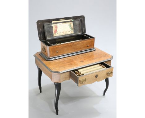 ~ A 19TH CENTURY INLAID ROSEWOOD MUSIC BOX ON TABLE, the music box with 14-inch cylinder, signed&nbsp;J.H. Heller, Bern, the 