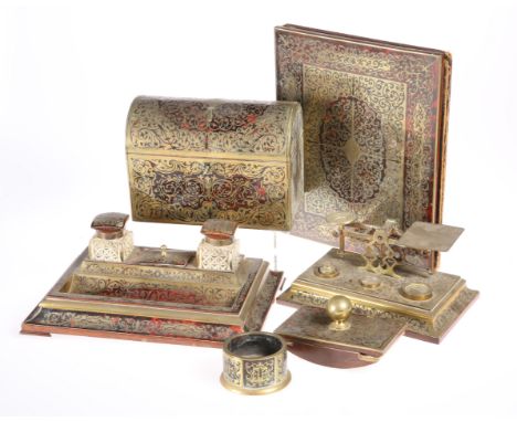 ~ A COLLECTION OF 19TH CENTURY 'BOULLE' DESK PIECES, comprising a domed stationery box, signed Mappin &amp; Webb, 23.5cm wide