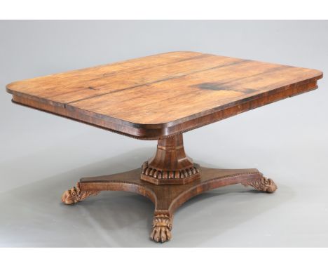 ~ A REGENCY ROSEWOOD TILT-TOP BREAKFAST TABLE, the rectangular top with rounded corners and beaded edge to the frieze, raised