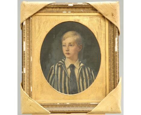 ~ ENGLISH SCHOOL, PORTRAIT OF A BOY IN A STRIPY JACKET, PROBABLY LORD NORTH,&nbsp;oval, oil on canvas, framed. 53.5cm by 44.5