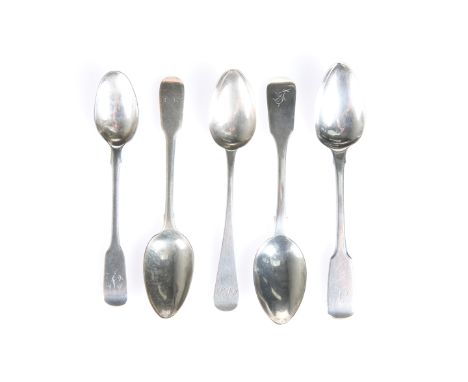A GROUP OF FIVE YORK SILVER TEASPOONS, comprising&nbsp;James Barber, George Cattle II &amp; William North, York 1828, fiddle 