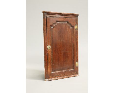 AN 18TH CENTURY OAK HANGING CORNER CUPBOARD, with ogee fielded panel door with brass hinges and escutcheon. 98cm high, 65cm w