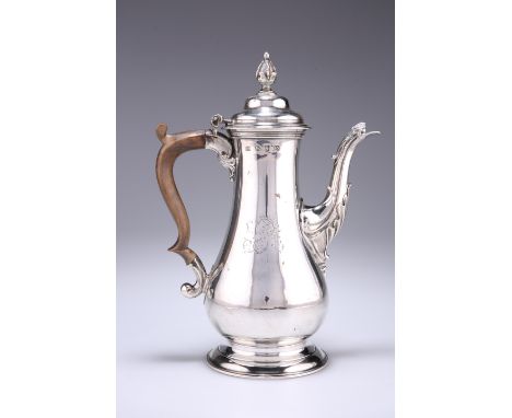 A GEORGE III SILVER COFFEE POT, by James Baker/John Broughton, London 1769, elongated baluster form, the domed hinged lid wit
