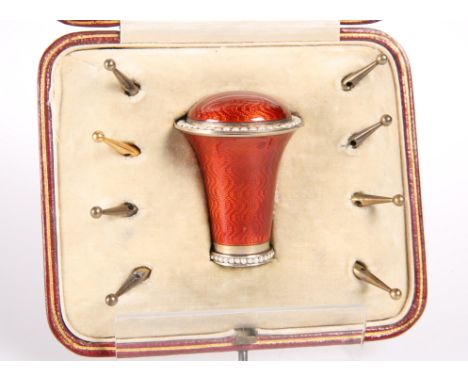 A FINE FRENCH SILVER AND ENAMEL CANE HANDLE, CIRCA 1900, the red guilloche enamel ground with two borders of pearls, French a