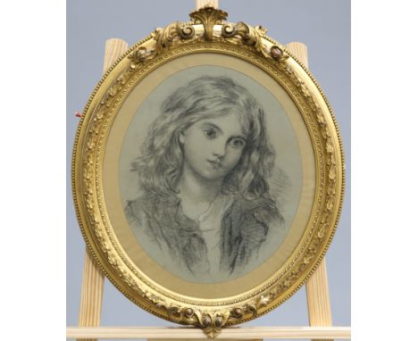 ENGLISH SCHOOL (19TH/20TH CENTURY), PORTRAIT OF A GIRL, oval, charcoal, in a gilt frame. 35cm by 30cm