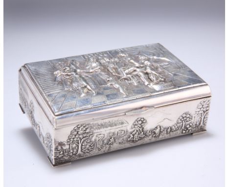 A DANISH SILVER PLATED CIGARETTE BOX, rectangular form, the hinged lid heavily embossed in high relief with musicians and oth