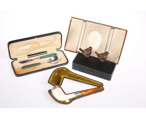 A VICTORIAN OPALINE GLASS OIL LAMP, moulded with dolphins; together with A SILVER-COLLARED PIPE, cased; A LEATHER MOSELEY WAR