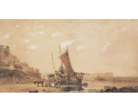 ENGLISH SCHOOL (19TH CENTURY), UNLOADING THE CATCH, watercolour, framed. 25cm by 45.5cmThe absence of a Condition Report does