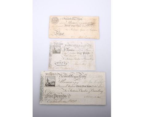 THREE 19TH CENTURY BANK NOTES, the first Kingsbridge Bank, Five Pounds, Nov 21st 1818, no. 517 for Prideaux, Square &amp; Pri