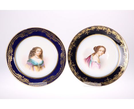 A PAIR OF SEVRES STYLE PORTRAIT CABINET PLATES, LATE 19TH CENTURY, circular, each painted with a portrait of a lady, one titl