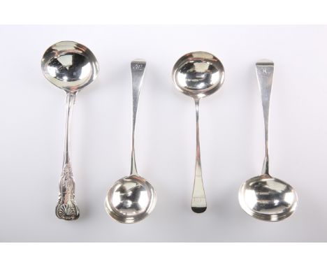 A GROUP OF FOUR GEORGIAN AND VICTORIAN SILVER SAUCE LADLES, comprising a Kings pattern ladle, by George Adams, London 1842; a