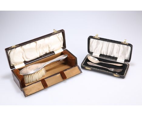 A CASED SILVER FORK AND SPOON, by Arthur Price &amp; Co Ltd, Birmingham 1965, Beaded pattern, monogrammed, and A CASED SILVER