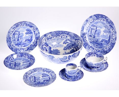 A GROUP OF COPELAND SPODE BLUE ITALIAN TABLE WARES, comprising eleven 9-inch plates, three 7 1/2-inch plates, nine 6 1/2-inch