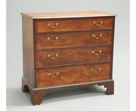A GEORGE III MAHOGANY CHEST OF DRAWERS, the moulded rectangular top above four long graduated drawers, each with brass swan-n