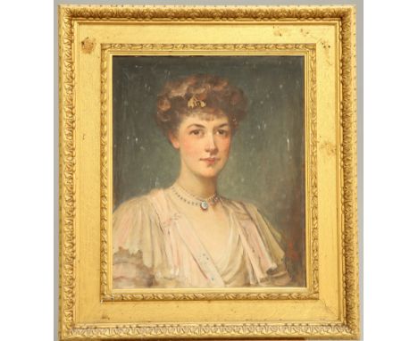 ~ ENGLISH SCHOOL, PORTRAIT OF A LADY, PROBABLY LADY GUILFORD, monogrammed and dated 1907 lower right, oil on canvas, framed. 