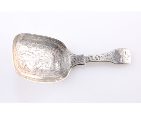 A GEORGE III SILVER CADDY SPOON,&nbsp;makers marks rubbed,&nbsp;Birmingham 1819, the square section bowl with engine turned f