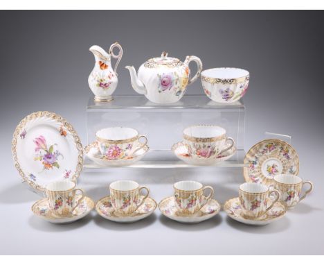 A GROUP OF DRESDEN PORCELAIN TEA AND COFFEE WARES, comprising teapot, cream jug, sugar bowl, tea plate, two cups and saucers,