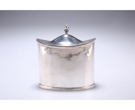 A GEORGE V SILVER TEA CADDY, by William Aitken, Birmingham 1915, oval form with concave hinged cover, topped by an acorn fini