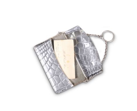 AN EDWARDIAN SILVER CARD CASE,&nbsp;by Sampson Mordan &amp; Co, London 1905, in the form of a crocodile&nbsp;handbag with hin