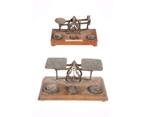 ~ TWO SETS OF VICTORIAN/EDWARDIAN POSTAL SCALES, the smaller set by Mordan &amp; Co., the larger set 28cm wide; together with