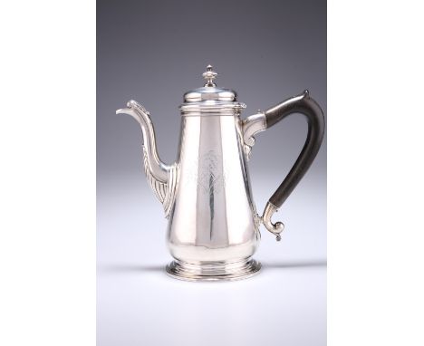 A GEORGE II SILVER COFFEE POT,&nbsp;by Peter Taylor, London 1742, knopped domed hinged lid above a tapered body with acanthus