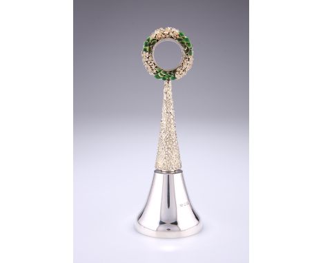 A CONTEMPORARY SILVER AND SILVER-GILT STUART DEVLIN TABLE BELL,&nbsp;London 1981, of tapering trumpet form with enamelled fol