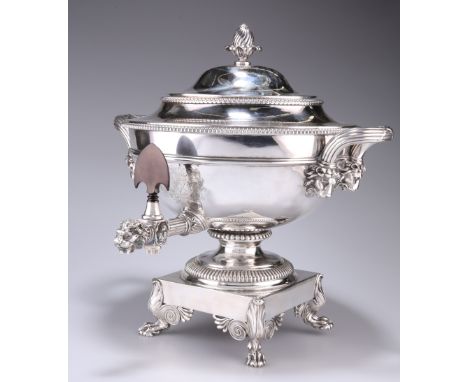 A RARE GEORGE III PAUL STORR SILVER TEA URN ON STAND,&nbsp;London 1802, the removable lid with wrythen adjustable pierced fin