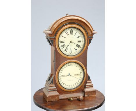 ~ A RARE 19TH CENTURY AMERICAN TWIN-DIAL WALNUT SHELF CLOCK, with painted dial and calendar dial below, inscribed "Patented D