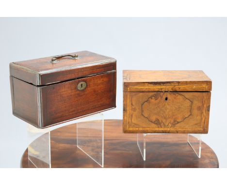 A 19TH CENTURY SATINWOOD BANDED WALNUT TEA CADDY,&nbsp;with quarter-veneered lid and front,&nbsp;23cm wide