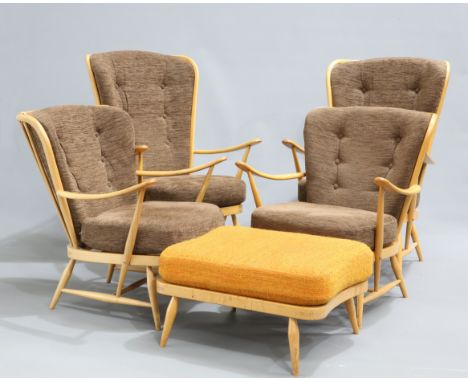 AN ERCOL BLONDE ELM AND BEECH FIVE-PIECE LOUNGE SUITE, comprising a pair of model 478 armchairs, each with high back; a furth