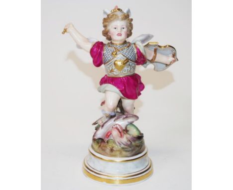 Meissen ceramic Cupid &amp; Dragon figure standing Cupid with coiling Dragon to foot, on circular base, blue mark to base, (h
