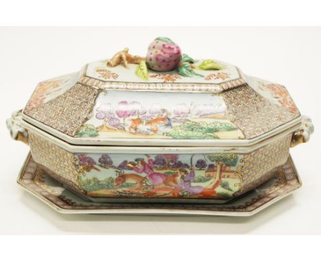 Chinese hand painted lidded ceramic tureen hand painted Figures decoration, with applied fruit finial to lid, (diameter 42cm 