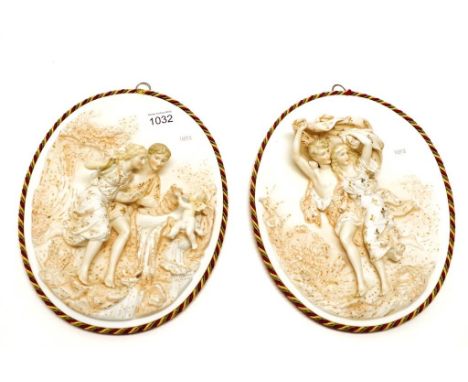 Pair bisque Courting Couple ceramic plaques each an oval bisque ceramic plaque, with a Courting Couple in relief, (height 30c