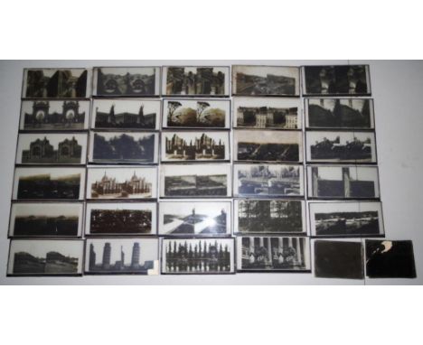 Twenty nine glass stereoscopic slides 17cm x 8.5cm approx, varying condition, and a quantity of glass slide photographs, most
