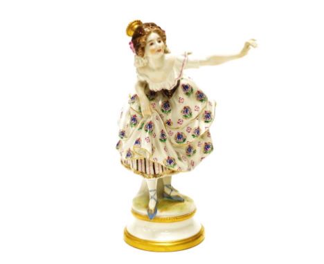 Antique German ceramic Dancing Woman figure hand painted decoration, dancing figure, on circular foot, marked to base, (heigh