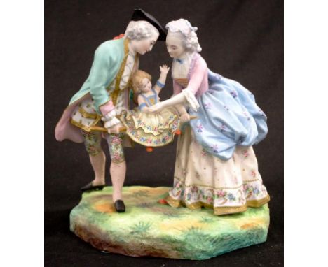 Vintage French Couple with Child ceramic figure bisque ceramic figure, depicting Couple with Child on a Swing, hand painted d