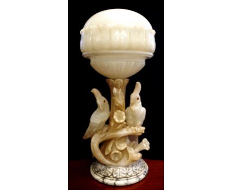 Antique Australiana alabaster cockatoo lamp with dome shape alabaster shade, carved cockatoos around the tree trunk column, o