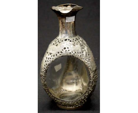 Chinese silver and glass decanter stamped 90% silver, Maker: J, with pierced dragon decoration, height 25cm approx