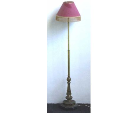 Vintage brass standard lamp and shade on a marble base, height 148.5cm approx