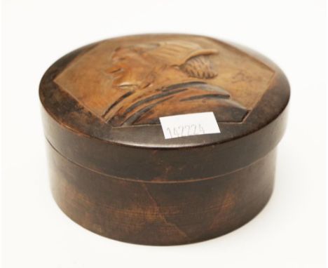 Carved portrait head timber trinket box diameter 10.5cm approx