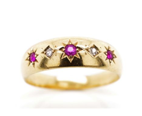 Antique 18ct yellow gold, ruby and diamond ring marked 18ct. Approx weight 4.37 grams, ring size R