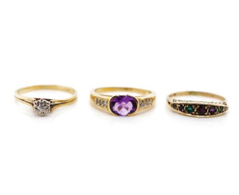 Three gemstone and 9ct yellow gold rings includes a amethyst diamond, diamond solitaire and multi gem ring. Marked for 9ct. A
