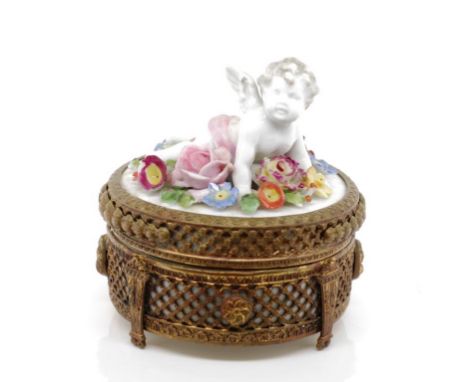 Antique Continental figural ceramic &amp; ormolu bowl lidded bowl, with ceramic Cupid figure on applied blossom base, on bras