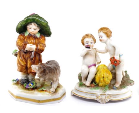 Antique German ceramic figure of Two Boys marked to base, (height 7cm approx); together with an Italian ceramic figure of a B
