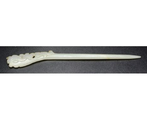 Chinese carved stone hair pin carved finial, (length 17cm approx).